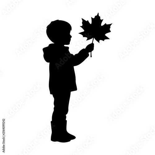 Child holding maple leaf silhouette vector flat design on white background.
