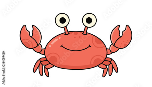 Cute cartoon crab with large eyes and pincers in a simple and friendly style for children's books or educational materials.