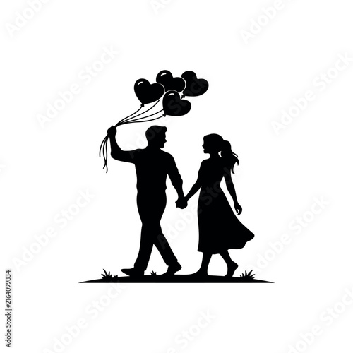 Couple with heart balloons silhouette vector flat design on white background.
