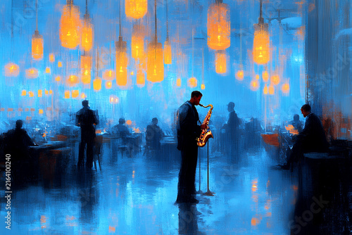 Professional male musician playing saxophone in a nocturnal jazz lounge with atmospheric blue lighting and patrons