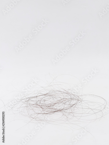 Vertical shot of a tangled pile of shed brown hair resting on a clean white surface. Conceptual image illustrating hair loss, thinning hair, alopecia, scalp problems, hair care, and dermatology.