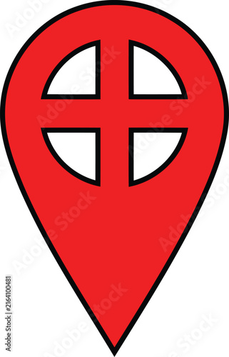 Red map location pin icon with a white cross symbol  isolated on white background