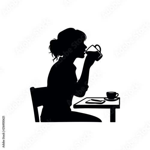 Drinking coffee silhouette vector flat design on white background.
