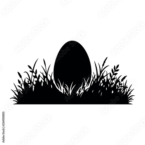 Egg sitting in grass silhouette vector flat design on white background.
