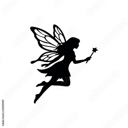 Fairy in Flight silhouette vector flat design on white background.
