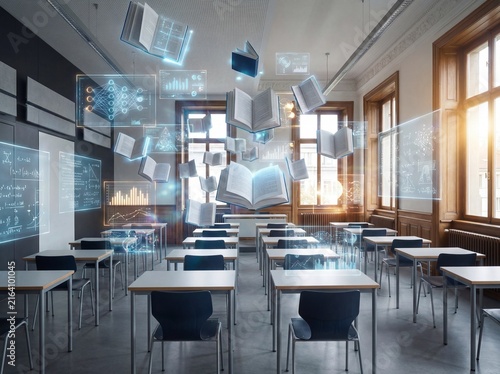 AI in education and smart classroom concept with floating books and digital data holograms
