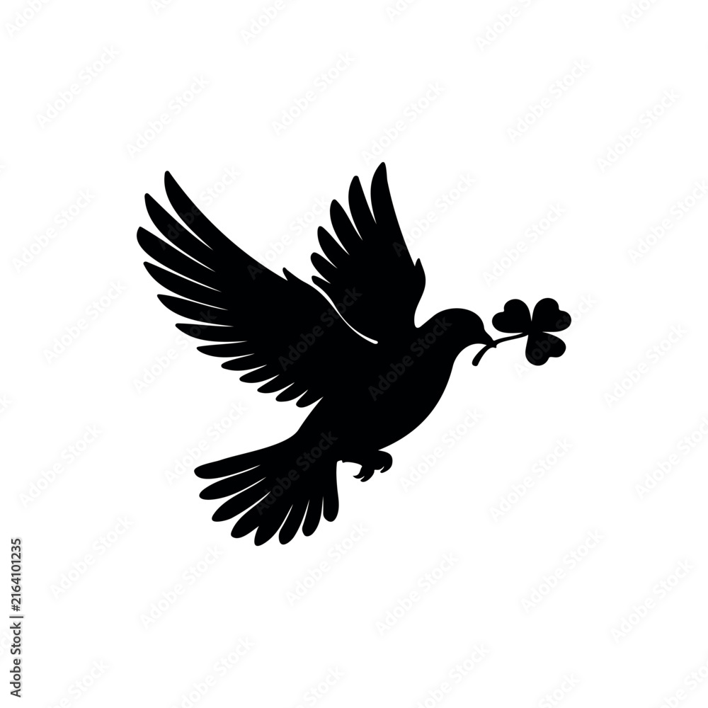 Fototapeta premium Flying dove with clover leaf silhouette vector flat design on white background. 