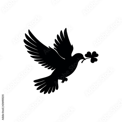 Flying dove with clover leaf silhouette vector flat design on white background.
