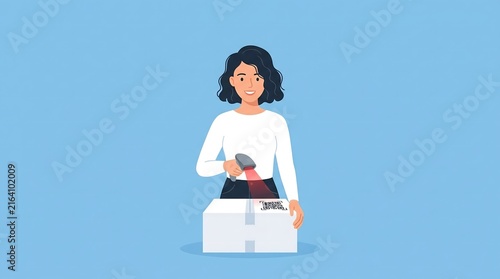 Woman scanning barcode on parcel box with handheld reader illustration