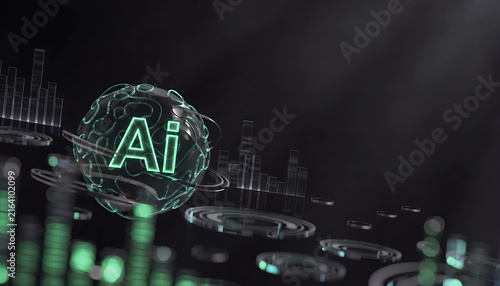 Artificial Intelligence Sphere Floating Over Digital Financial Charts and Analytics Dashboard