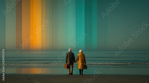 Elderly couple standing on the beach holding hands