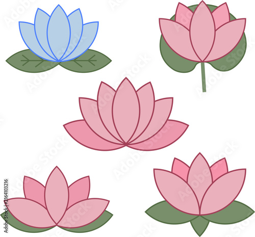 Colorful Lotus Flower Vector Set Isolated on Transparent Background