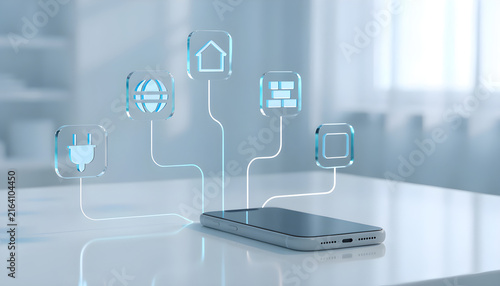 Smart Home IoT Ecosystem Connected to Smartphone on Modern White Desk