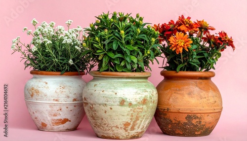 Glazed ceramic flower pots in earth tones. Three rustic clay planters for gardening. Terracotta, green, and white pottery set on pink background
