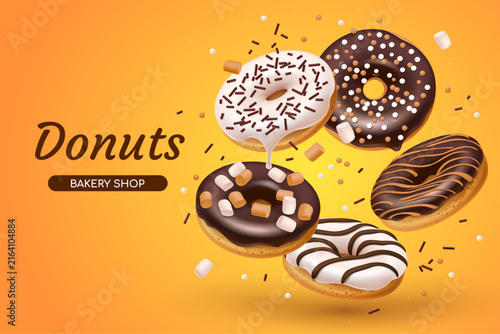 Banner for bakery shop with white and black chocolate donuts sprinkles sugar glaze, marshmallows and chopped nuts. Fast food isolated on the orange background. Realistic style. 