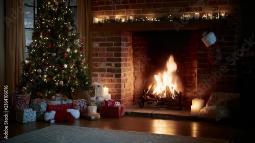 Cozy Christmas Evening With Glowing Fireplace and Decorated Tree