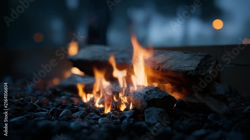 Outdoor Campfire Burning Logs at Dusk with Warm Flickering Flames