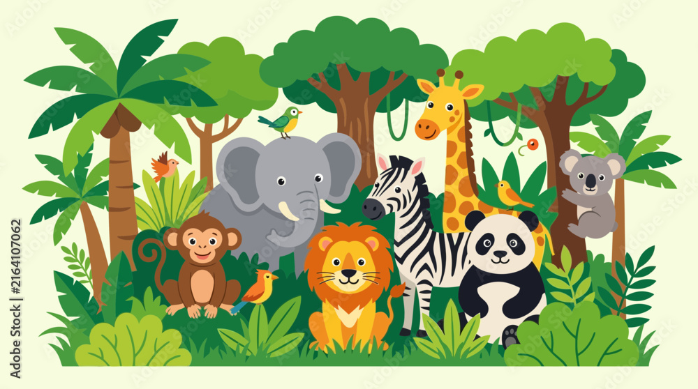 Naklejka premium Animals gather together in a lush green jungle surrounded by tropical trees and vibrant foliage.