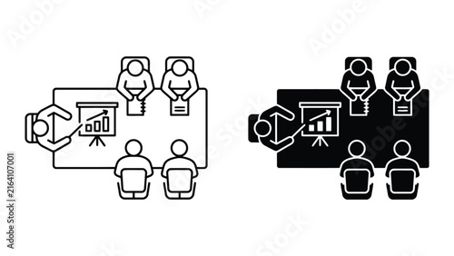 Corporate presentation meeting icon set with professional growth graphs