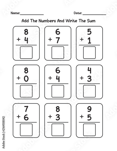 Konstfotografi Hand-drawn math addition worksheet with colorful numbers and plus sign for kids