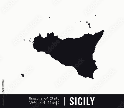 Sicily island region of Italy, black silhouette map isolated on white background, vector illustration for travel, geographic and editorial design projects