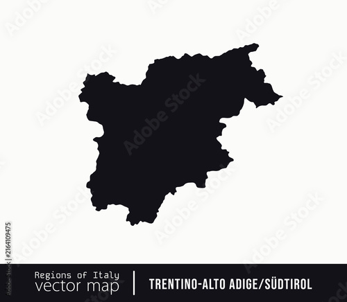 Trentino-Alto Adige region of Italy, black silhouette map isolated on white background, vector illustration for Alpine travel and geographic design