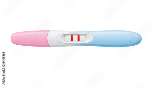 Pregnancy test with two red lines, pink and blue pastel ends, isolated on transparent background. Clean medical concept symbolizing positive result and healthcare design.
