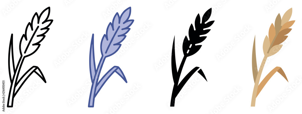 Obraz premium Wheat icons set. Agriculture and harvest concept. Includes wheat stalk, grain, ear, plant, cereal, crop, barley. Flat, line, and solid style
