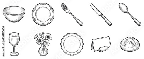 Table setting icons set. Dinnerware and dining accessories concept. Includes bowl, plate, fork, knife, spoon, wine glass, flower vase, coaster, place card, bread roll. Engraving style