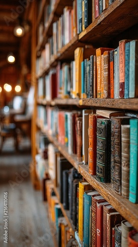 Books on a shelf in a library with a wooden floor vertical background copy space