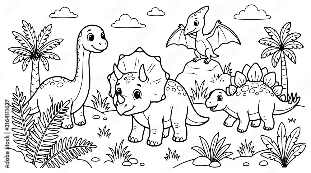Fototapeta premium Group of cute dinosaurs in prehistoric jungle landscape for young children coloring page activity book.