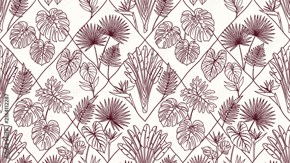 Fototapeta premium Seamless Tropical Botanical Pattern with Exotic Leaves and Flowers in Maroon Line Art Style. Flat vector illustration EPS 10.