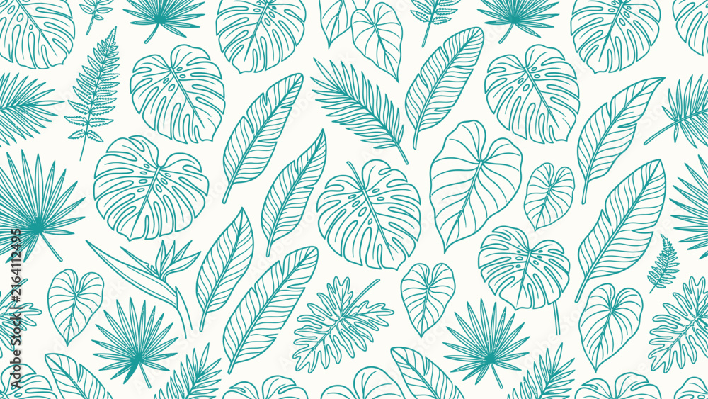 Fototapeta premium Tropical leaves seamless pattern background. Exotic jungle foliage design with monstera, palm, and fern leaves for fabric, wallpaper, and textile prints. Flat vector illustration EPS 10.