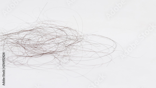 Close-up of tangled fallen hair strands on white surface