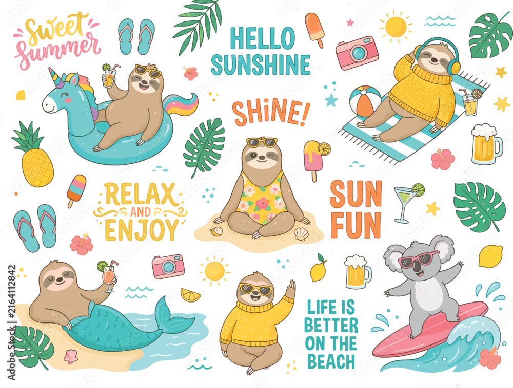 Naklejka premium Cute Summer Sloth Beach Illustration Set with Tropical Animals, Sunshine, Surfboards, Cocktails, Ice Cream and Vacation Elements