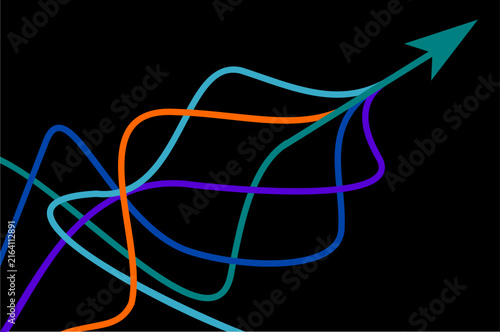 Graphic vector of blue with green with purple and orange ropes converging into arrows isolated on dark background, Arrow in same direction for rising to success, Lines and lights of technology
