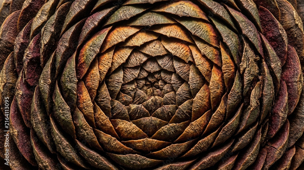 Fototapeta premium Dried tropical seed pod macro texture with intricate organic spiral pattern and scales.