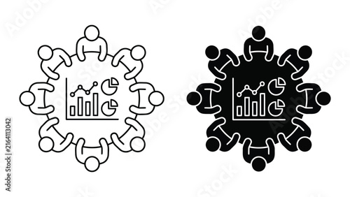 Corporate roundtable discussion and data analysis icon set with business