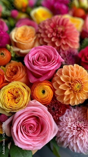 Vibrant close up mix of pink orange and yellow roses ranunculus and dahlias for floral background and editorial wallpaper design
