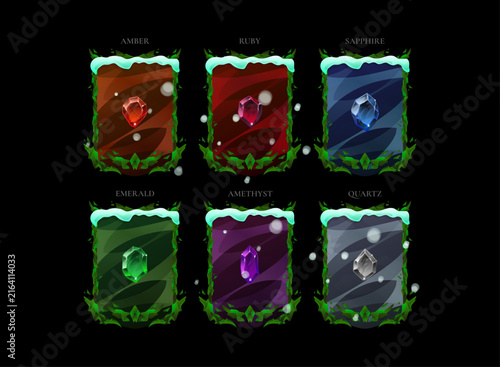 Festive Christmas fantasy trading card collection featuring colorful gemstone cards, snow-covered leaf frames, winter decorations, and seasonal RPG game UI assets. Perfect for collectible card games,