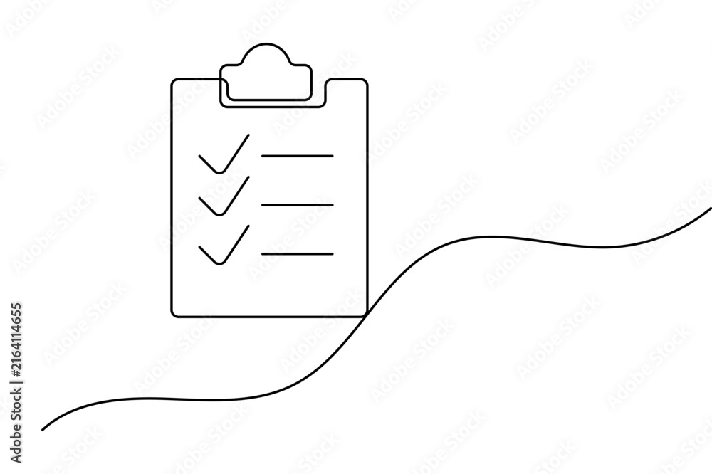 Obraz premium Clipboard checklist continuous line art featuring checkmarks, document lines, and single line drawing. Vector illustration.