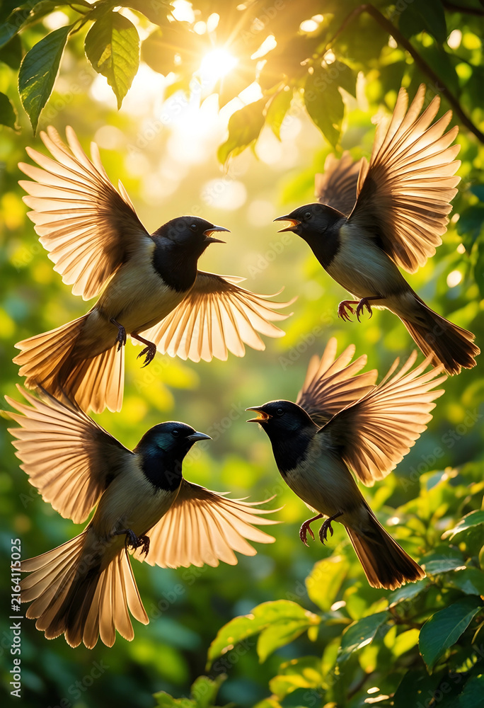 Naklejka premium Nature and wildlife conservation, four small birds flying with open wings in golden sunlight through green foliage