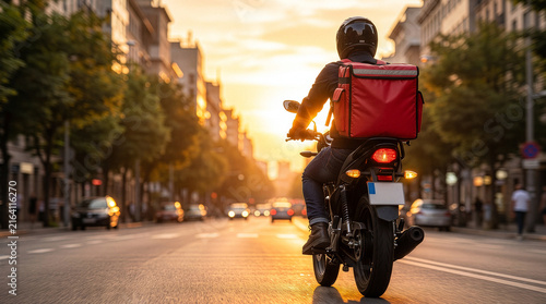 Food Delivery Rider on Motorcycle with Red Bag Riding City Street at Sunset