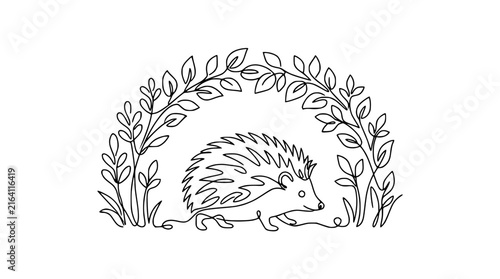 Continuous line drawing of a cute hedgehog under leafy arch, isolated