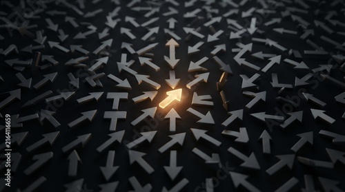 Glowing arrow pointing forward among dark chaotic arrows, concept of leadership and unique business direction, standing out from the crowd