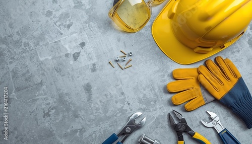 Work Tools Hardhat And Safety Gloves Arranged On Concrete Background Labor Day Concept With Copy Space