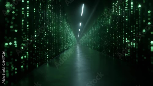 Futuristic Server Room with Glowing Green Lights and Data Streams