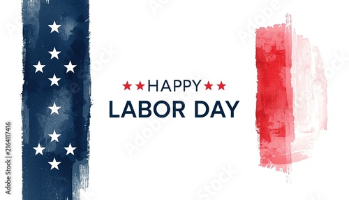 Happy Labor Day Text With Watercolor Stars And Stripes Painted Border Design On White Background