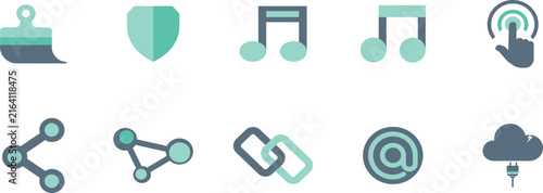 Set of flat design icons for web and app including music network and cloud symbols