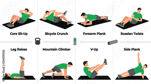 Core workout exercises infographic set with man doing sit up plank crunch leg raise vector illustration icon collection